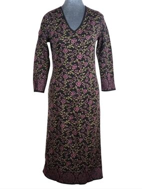 Peruvian Connection Midi Knit Dress Black Mauve Floral Pattern Pima Cotton Sz. S
